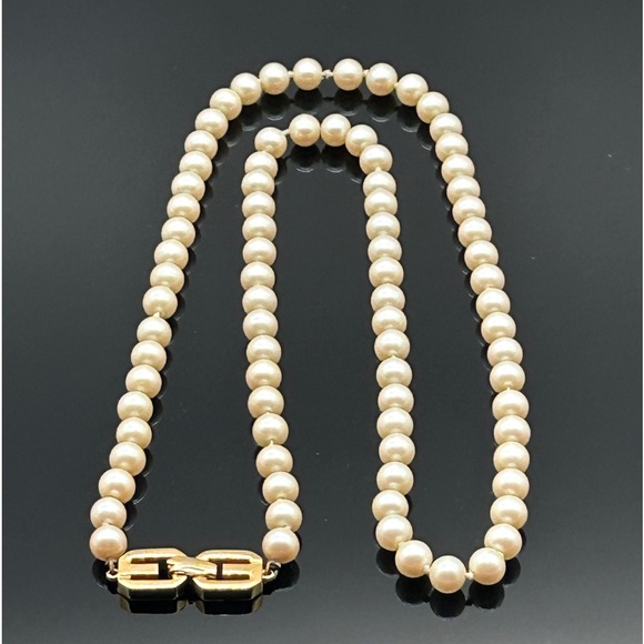 Vintage Givenchy 1977 String of Pearls with Gold Tone Logo Clasp 30" Necklace - Picture 1 of 12